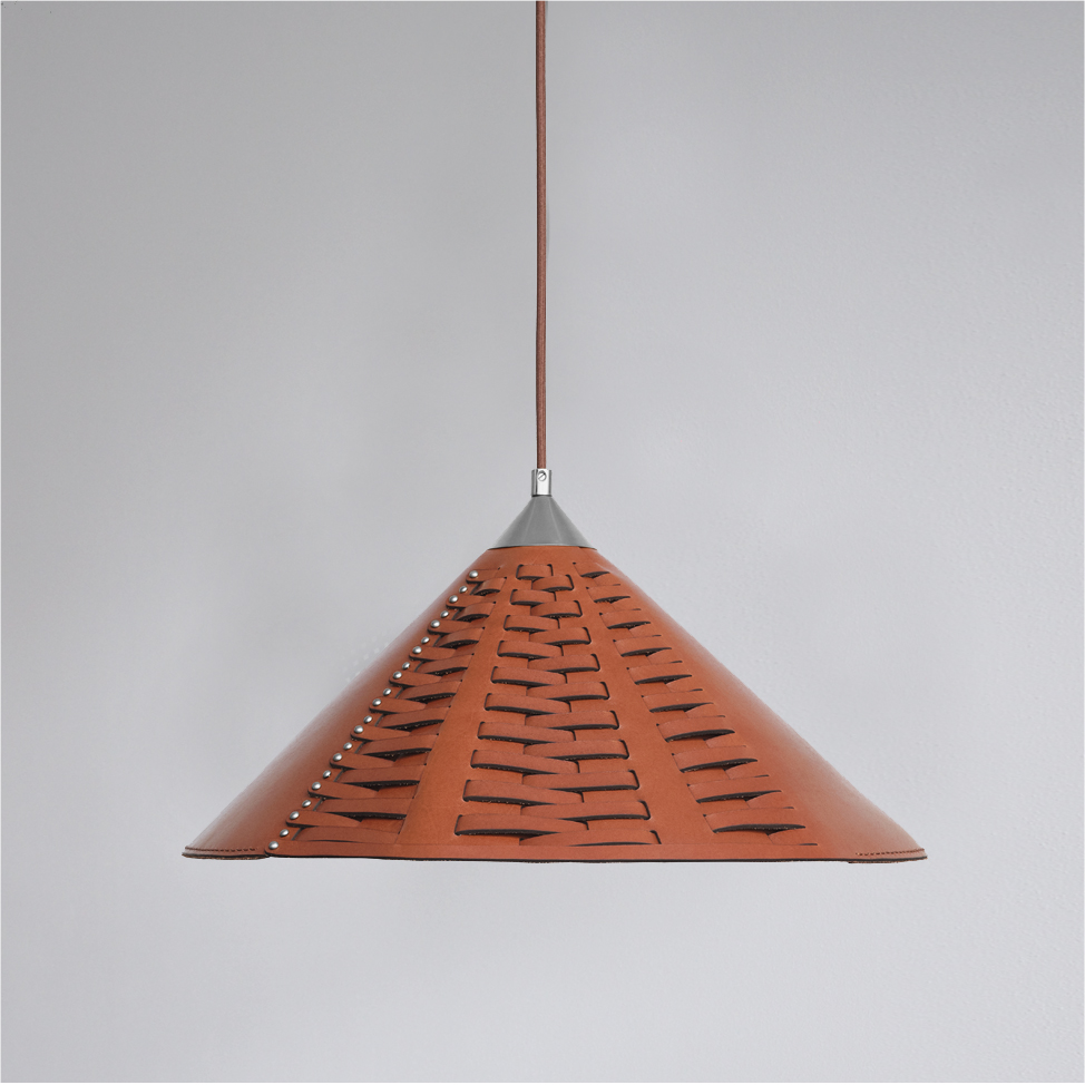 Koni lamp Uniqka large, diameter 50 cm, brown leather lampshade with silver colored metal details