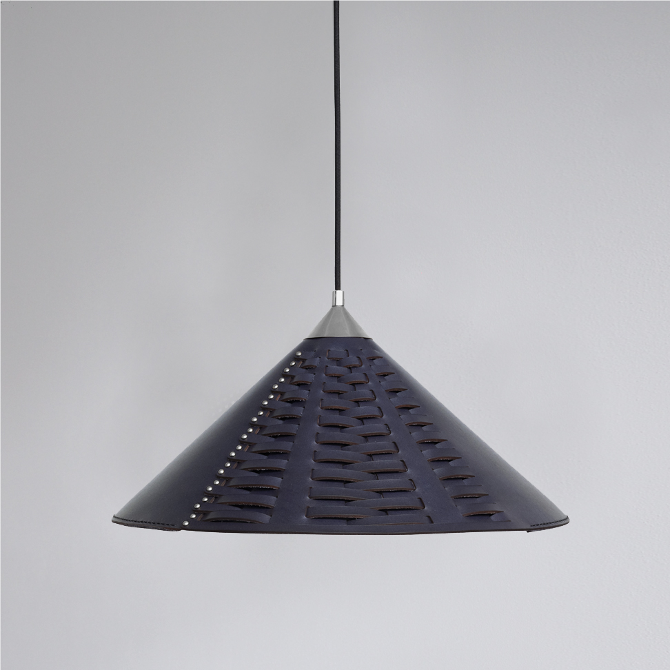 Koni lamp large in navy blue leather, with chrome, silver details