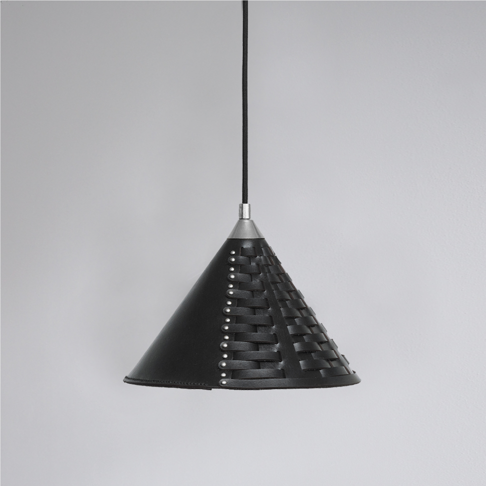 Koni lamp Uniqka small in black leather with silver colored metal details